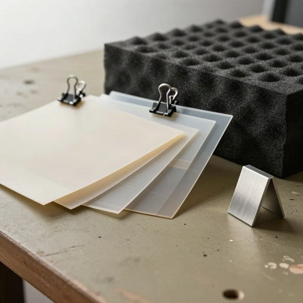 Detail gelových filtrů, klipsů a pěnových bloků ve studiu, připraveno před focením.