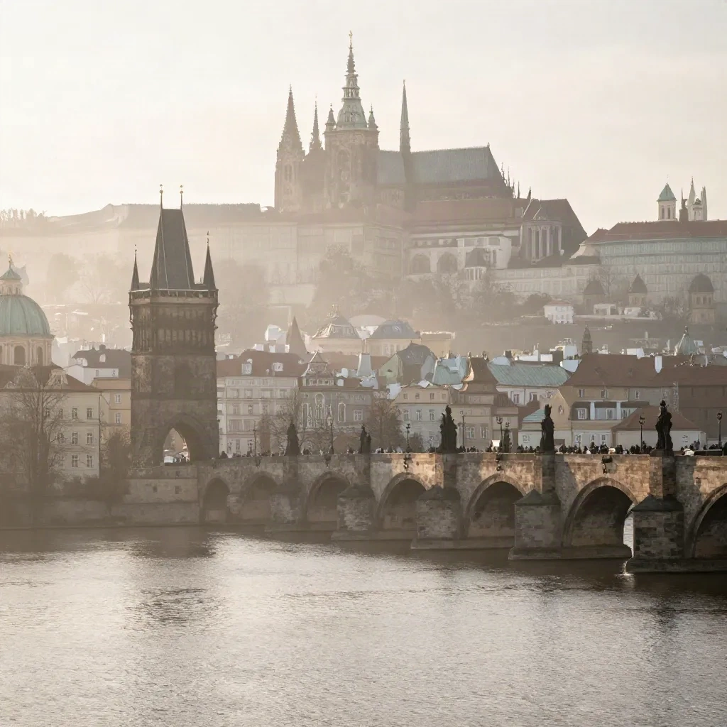 Pražský hrad a Karlův most v ranní mlze nad Vltavou, klidná plocha pro text.