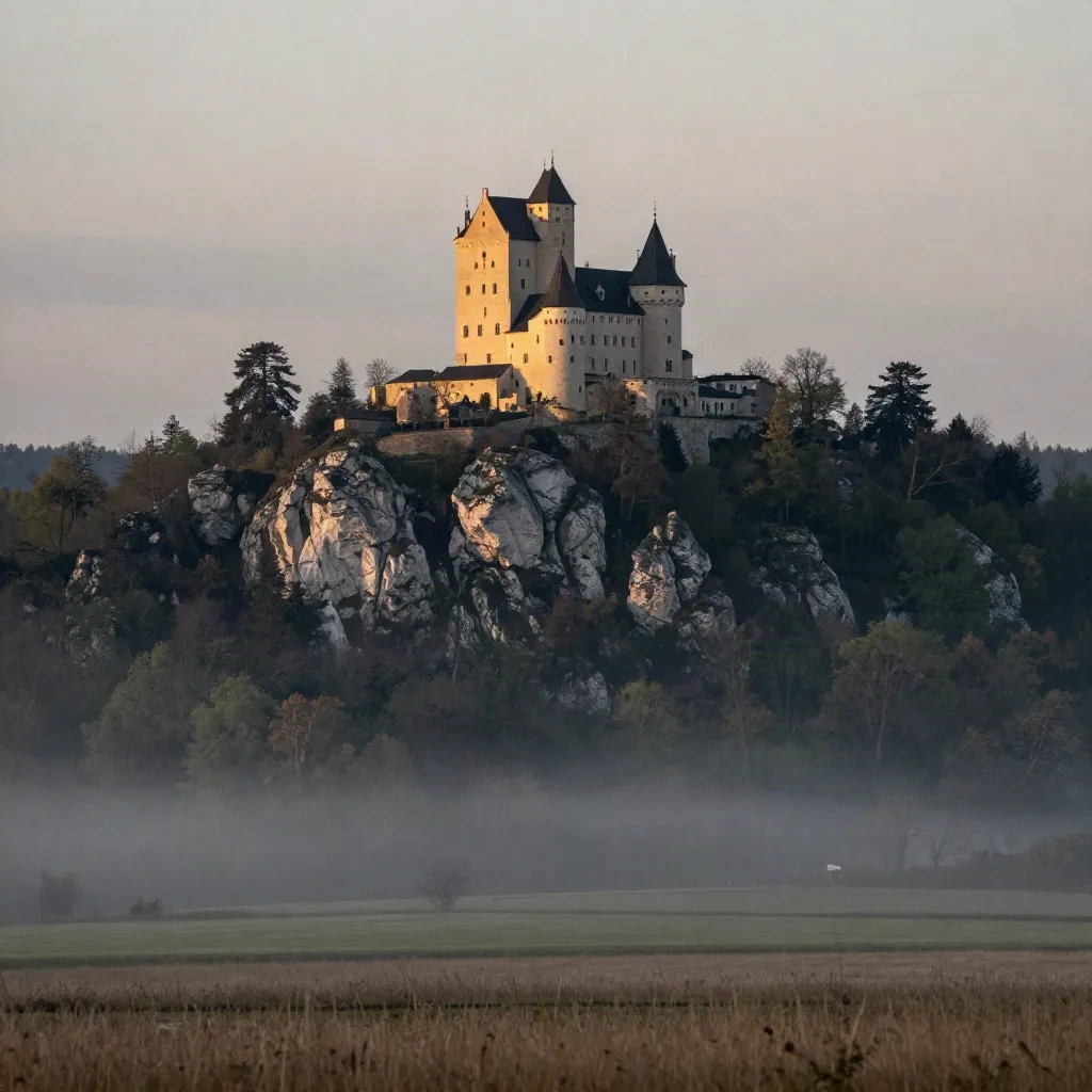 Karlštejnský hrad na zalesněném vápencovém kopci nad mlhou a klidnými poli.