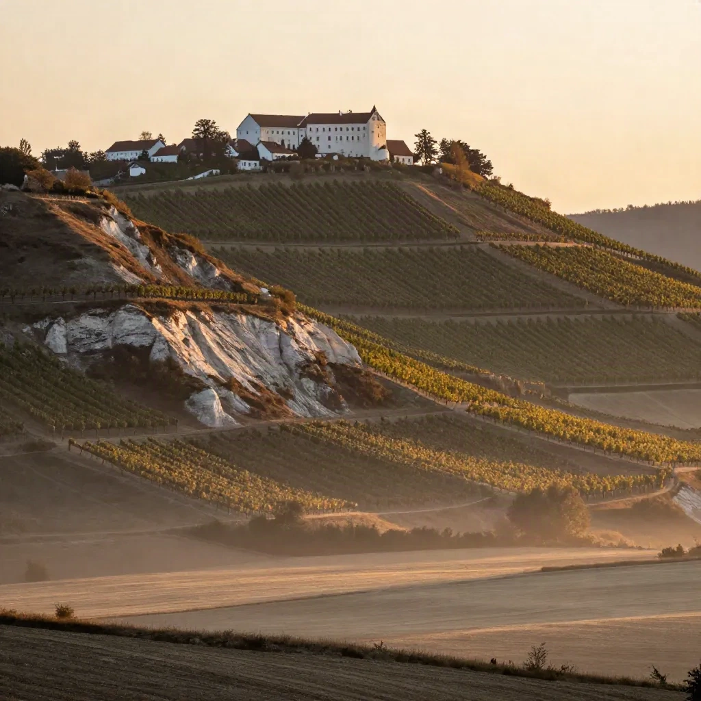 Mikulov a vinice Pálavy v teplém západu slunce, s mlhou a volným prostorem dole.