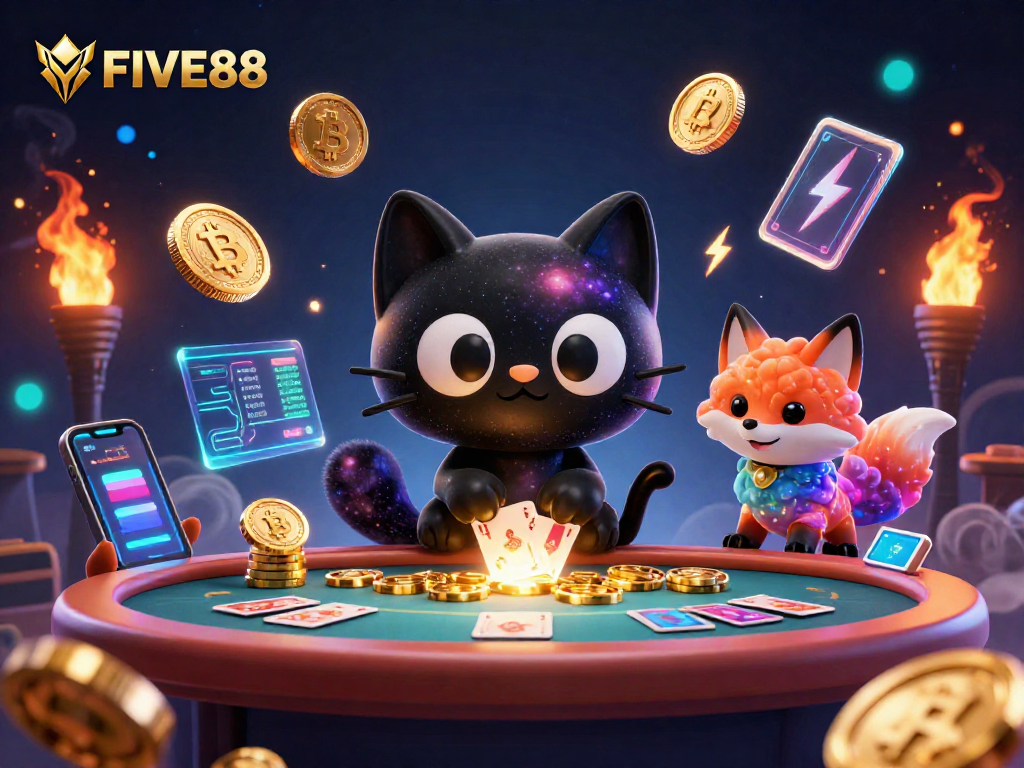 Experience winning strategies at FIVE88 in this vibrant cosmic casino illustration.