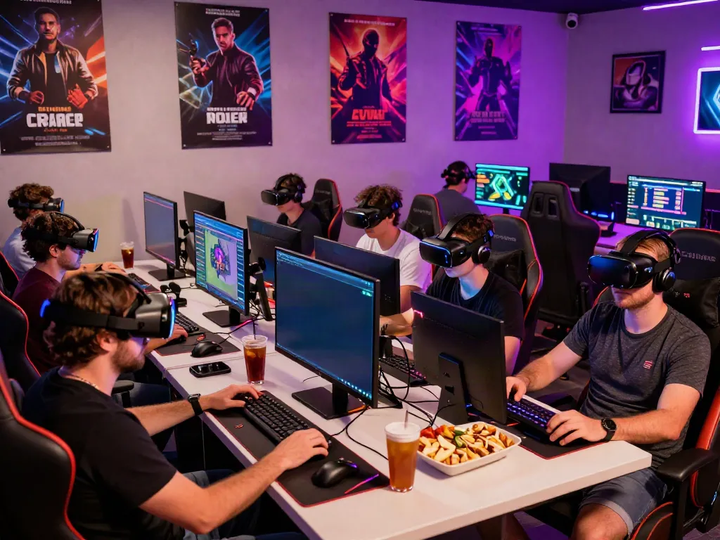 Men engaging with gaming consoles in a lively Manclub atmosphere.