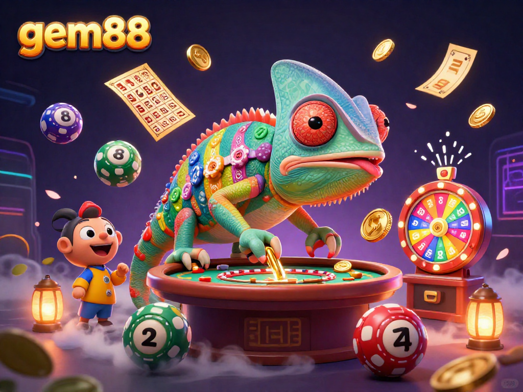 Engage with gem88's vibrant casino world featuring a colorful chameleon and dynamic game elements.