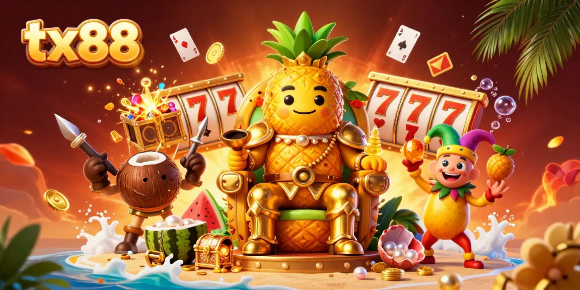 Experience the vibrant tx88 beach casino scene with golden pineapple king and dynamic slot game elements, showcasing thrilling gameplay.
