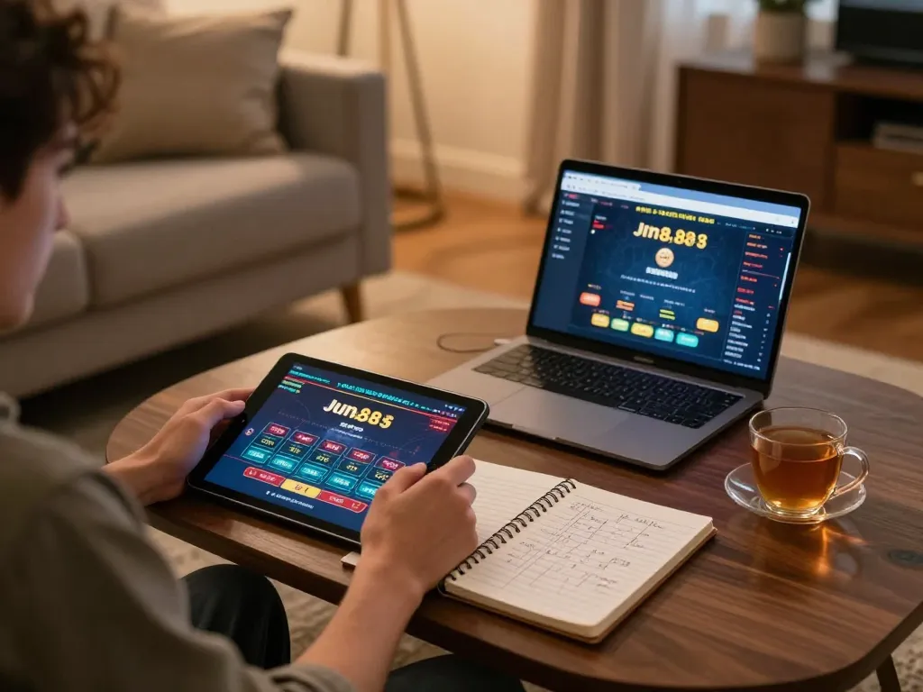Player strategizing on Jun888 during online gaming at home with a tablet in a cozy atmosphere.