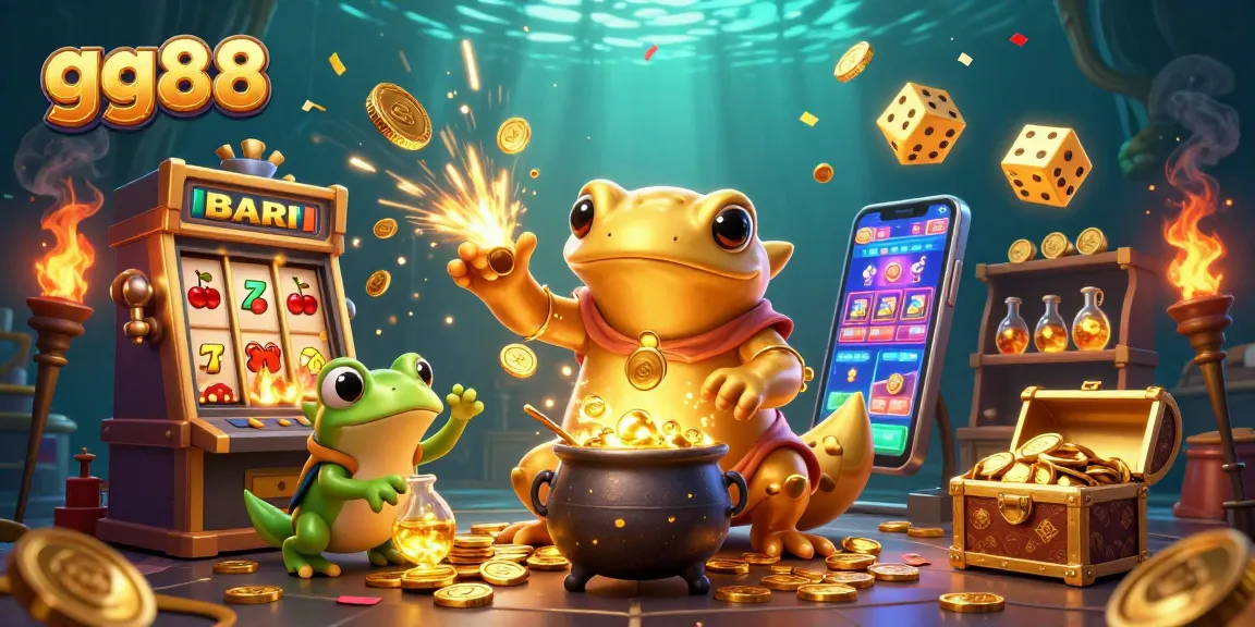 Experience excitement with gg88 as golden coins burst from a magical slot machine in a vibrant casino scene.