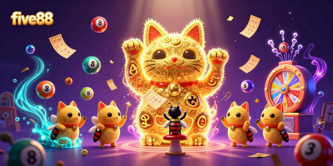 Experience five88 with a swarm of golden fireflies, illuminating a vibrant casino scene.