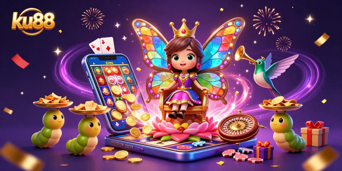 Engage in thrilling slots at ku88 with a vibrant 3D casino scene featuring a butterfly queen.