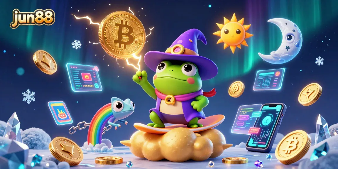 Win jackpots with jun88 in this vibrant 3D casino scene featuring magical characters and crypto elements.