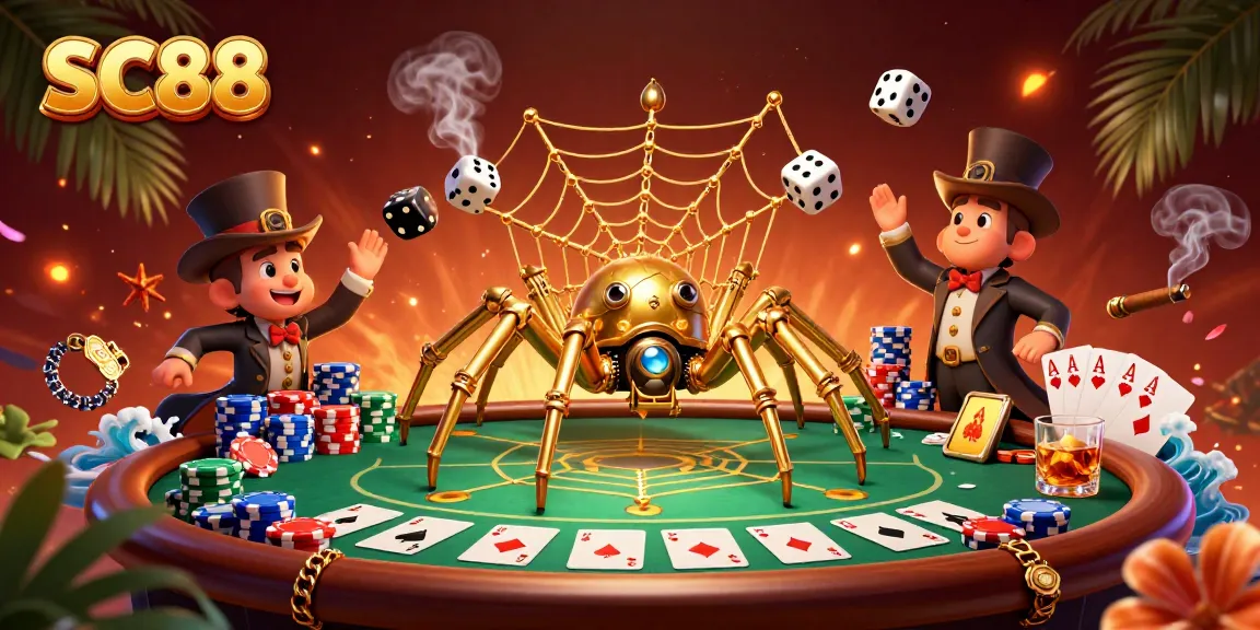 SC88 captures an intriguing scene of a steampunk spider and dice at a dynamic poker table.