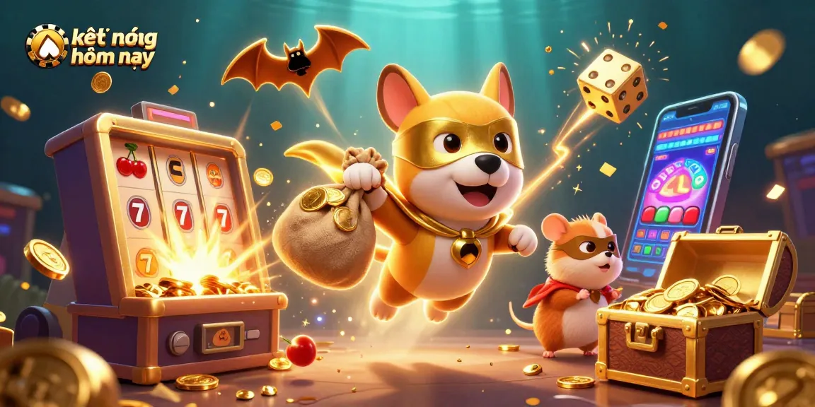 Catch the exciting kết quả bóng đá hôm nay with our playful cartoon superhero dog and hamster in a vibrant casino scene!