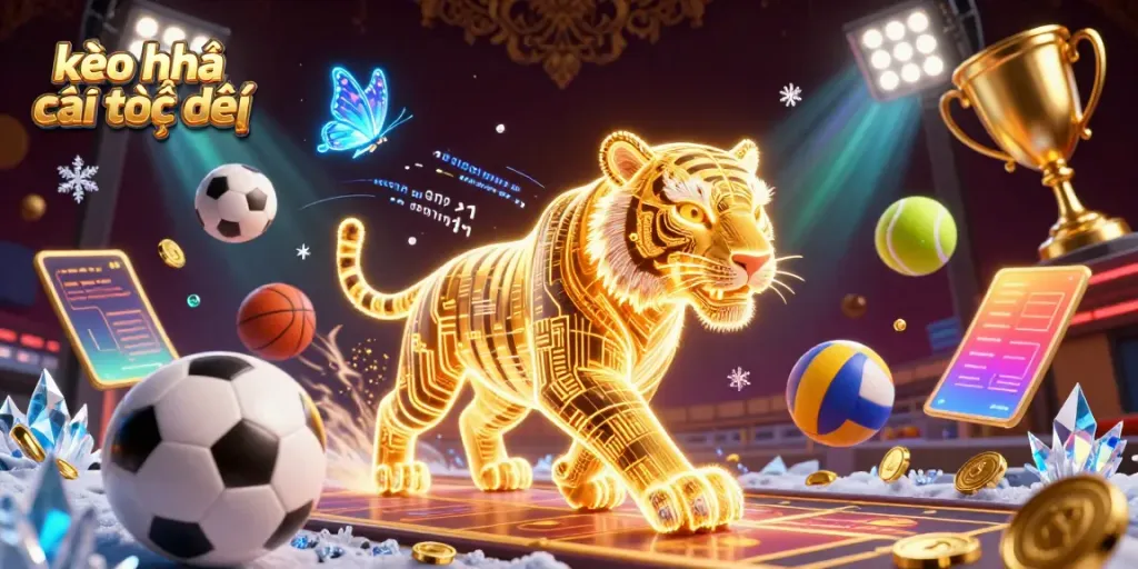 Experience kèo nhà cái trực tiếp with a neon tiger in a vibrant digital casino landscape filled with dynamic sports elements.