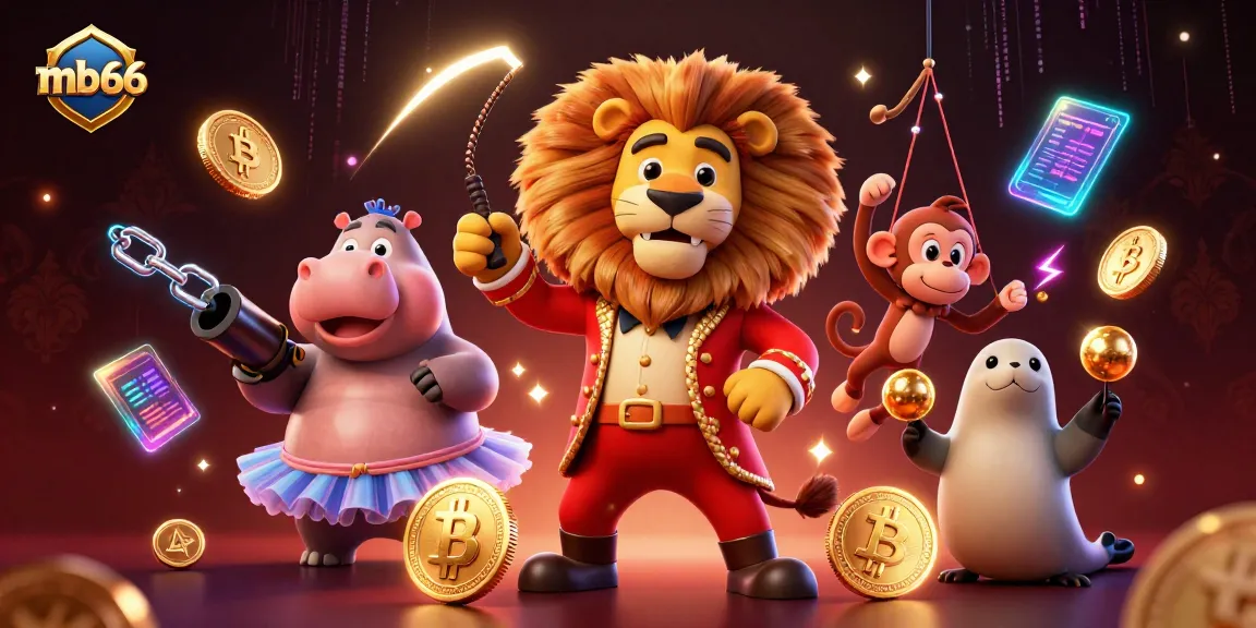 Experience the thrill at mb66 with vibrant circus-style characters and crypto elements.