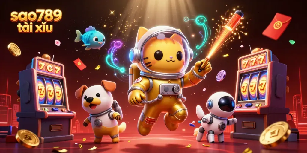 Engage with sao789 tài xỉu through an exciting space-themed illustration showcasing a cat astronaut and dynamic casino elements.