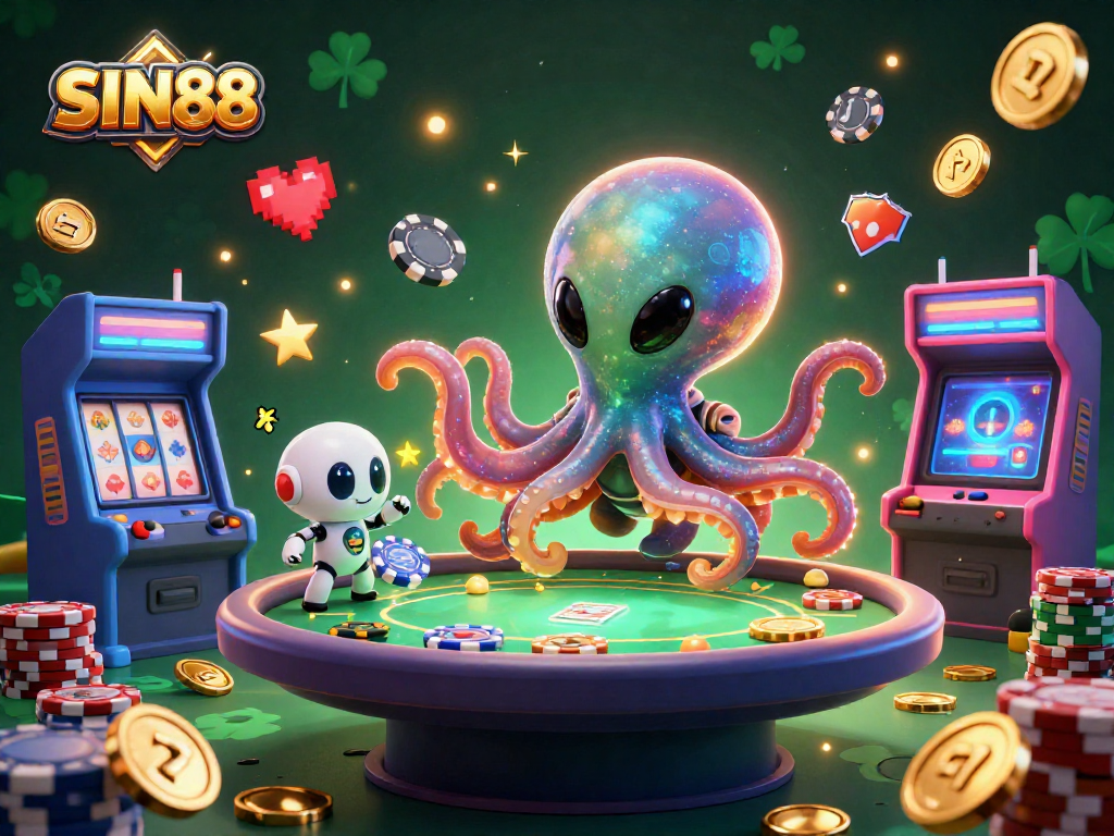 Experience the thrill of SIN88 with an alien octopus dealer at a dynamic poker table full of colorful casino elements.
