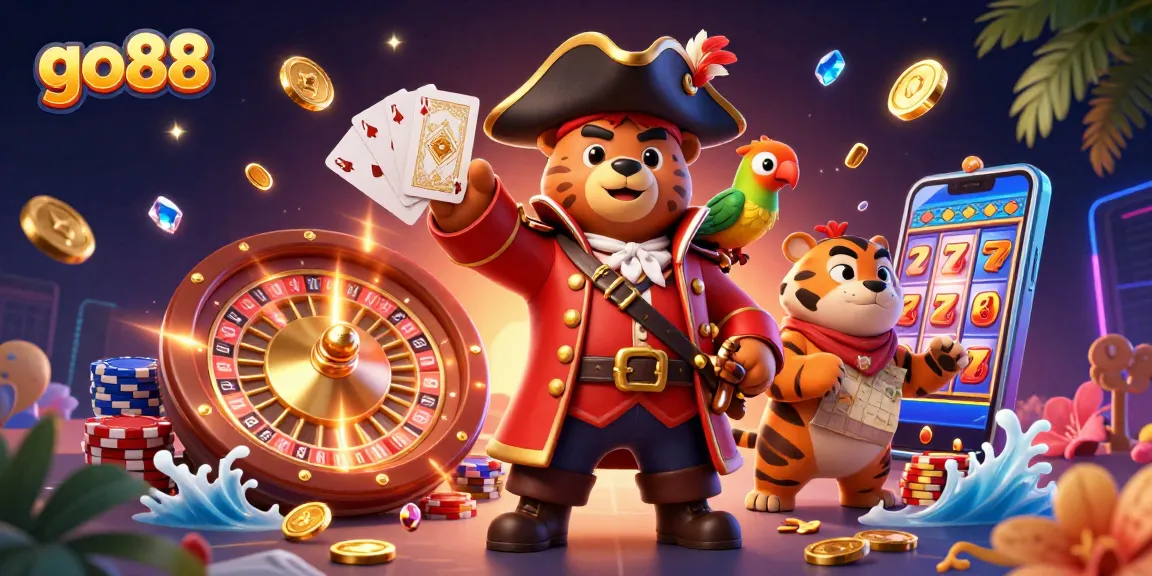 Experience go88's thrilling 3D pirate adventure with vibrant elements representing casino excitement.