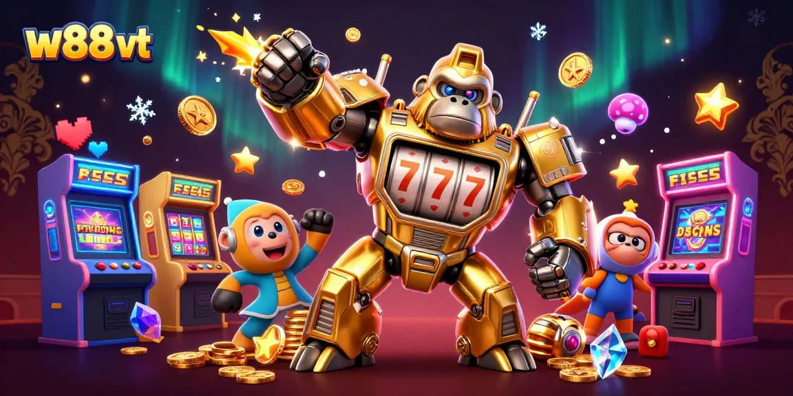 Khám phá W88 vt với hình ảnh mech gorilla vàng và trò chơi casino đa dạng.