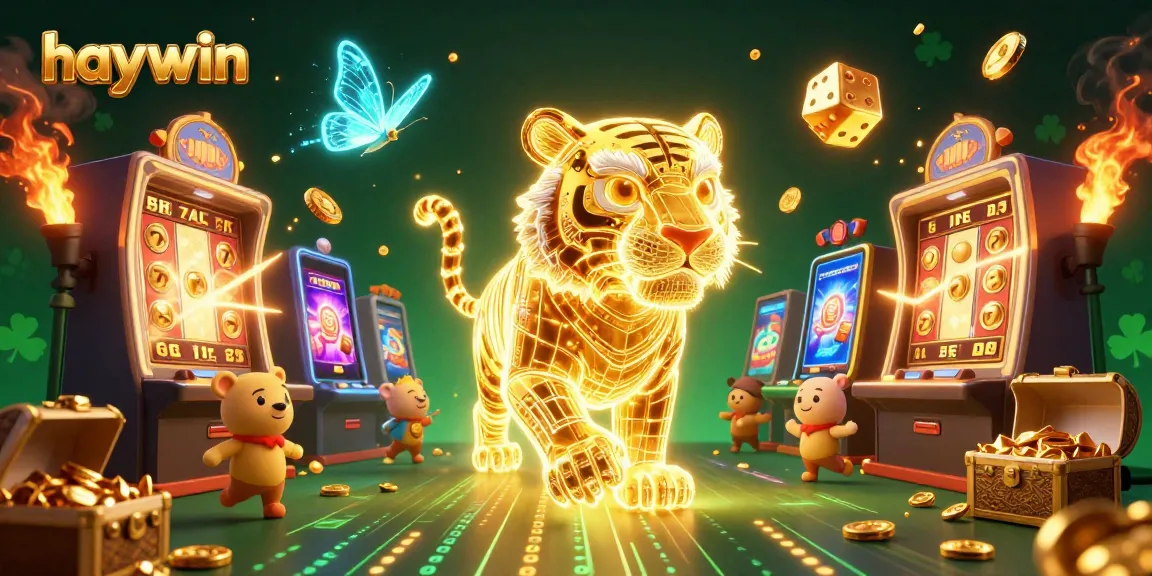 Experience the exhilarating world of haywin with a vibrant 3D casino scene filled with dynamic slot machines and golden tiger.