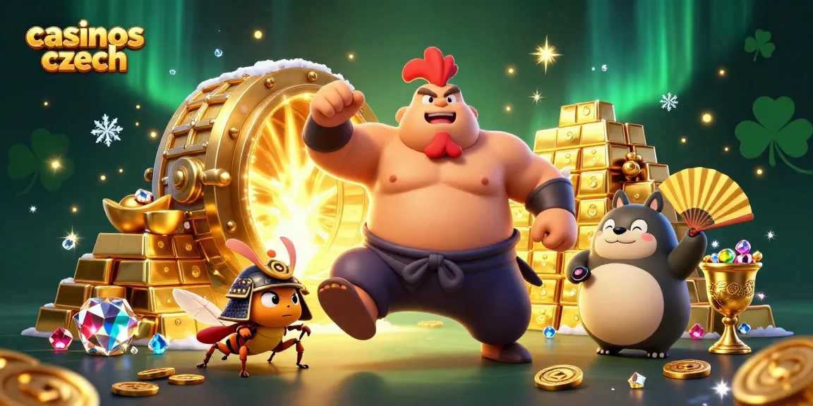 Kasina cz na scéně, sumo zápasník s kriketem a tanuki, zlaté poklady a diamanty.