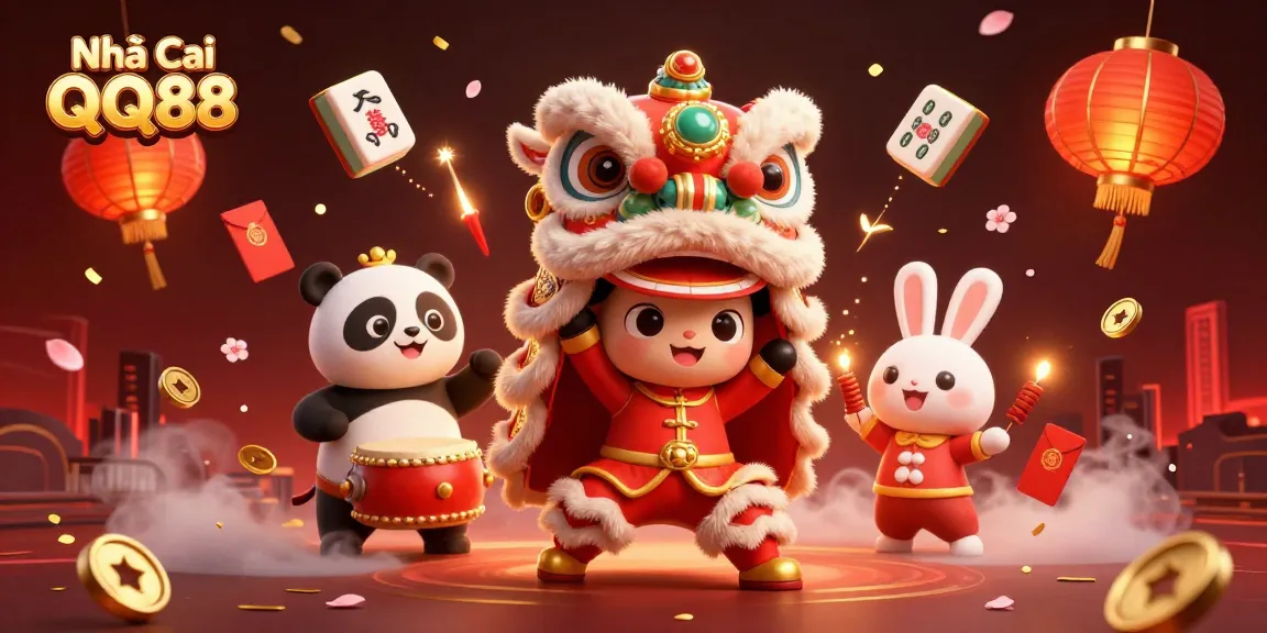 Experience the excitement of Nhà Cái QQ88 with a lively scene featuring festive characters and gambling elements