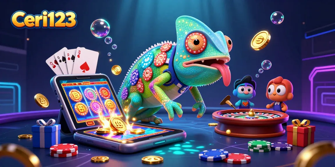 Ceri123 showcases a vibrant chameleon casino owner amidst dynamic gaming elements, capturing excitement in slots.
