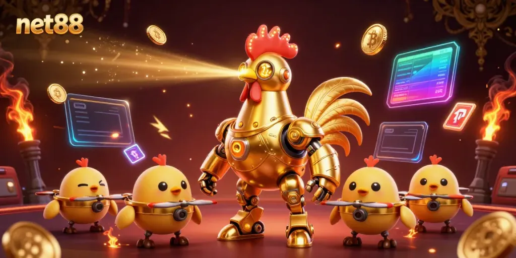 Experience thrilling wins with net88’s golden rooster robot and baby chick drones in a vibrant casino showdown.