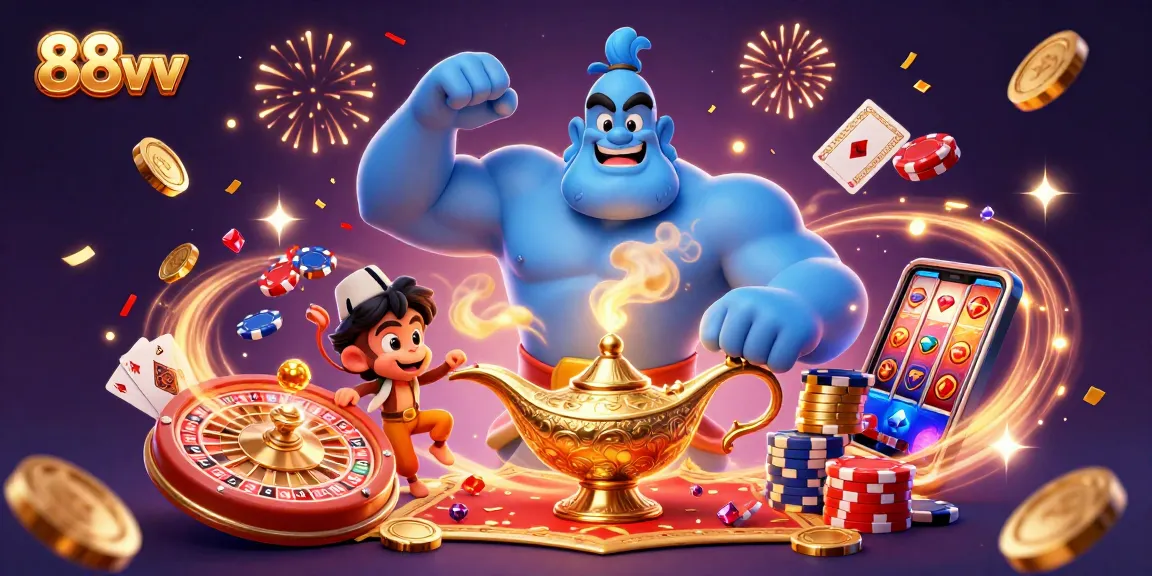 Engage in thrilling gameplay at 88vv with a mesmerizing 3D illustration featuring a genie, poker chips, and casino elements.