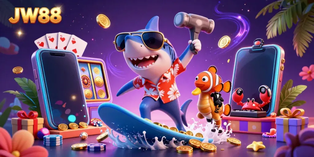 Experience the vibrant ocean-themed casino adventure with JW88's playful characters and dynamic gaming elements.