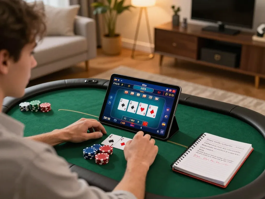 Person enjoying an online MM 88 poker game on a tablet at home with strategic notes visible.