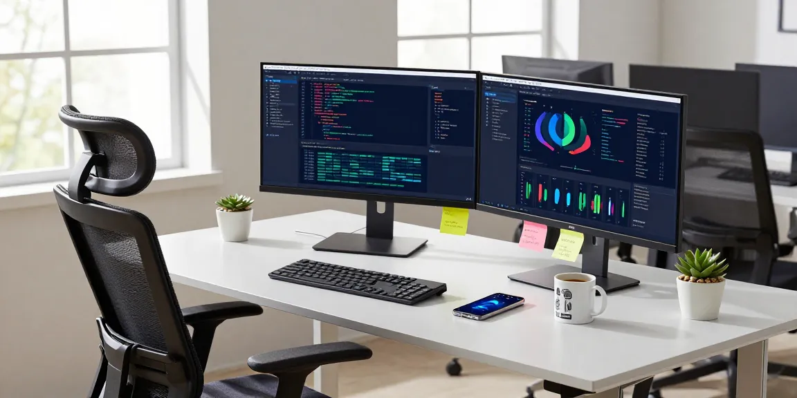 快连 software developer in a modern workspace, engaged in coding with multiple screens and a vibrant tech environment.