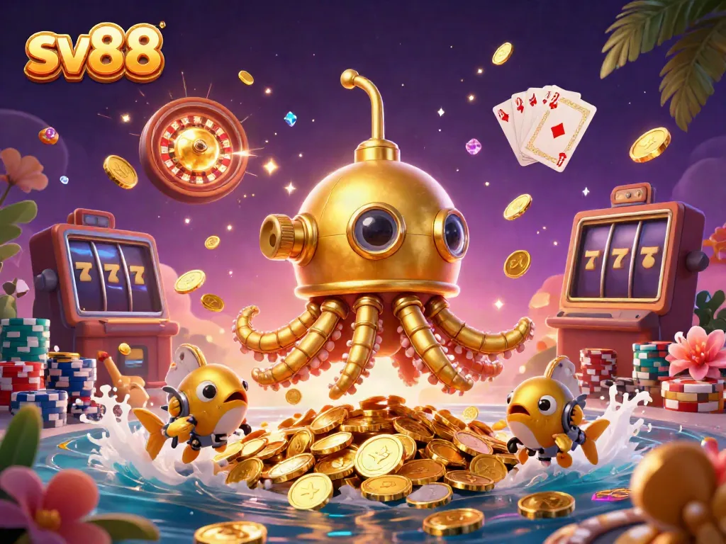 Experience winning with sv88 as a golden kraken navigates a treasure of coins and gambling elements.