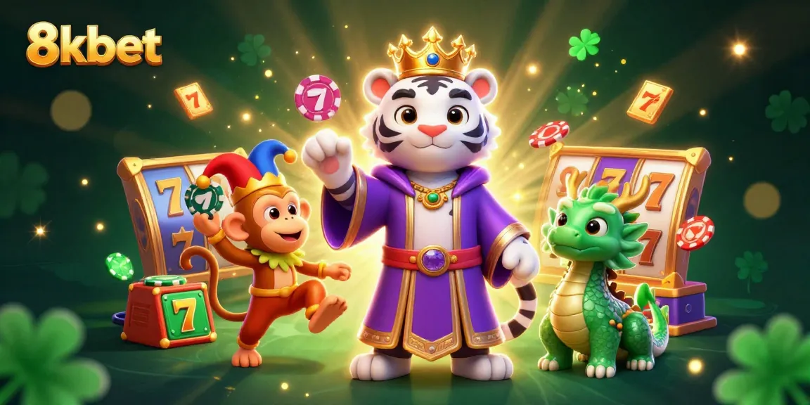 Engage in the excitement of 8kbet with playful characters in a casino scene, showcasing vibrant slot elements.