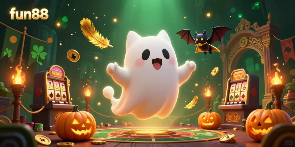 Experience fun88 with a ghostly cat winning at haunted slots amidst vibrant casino elements.
