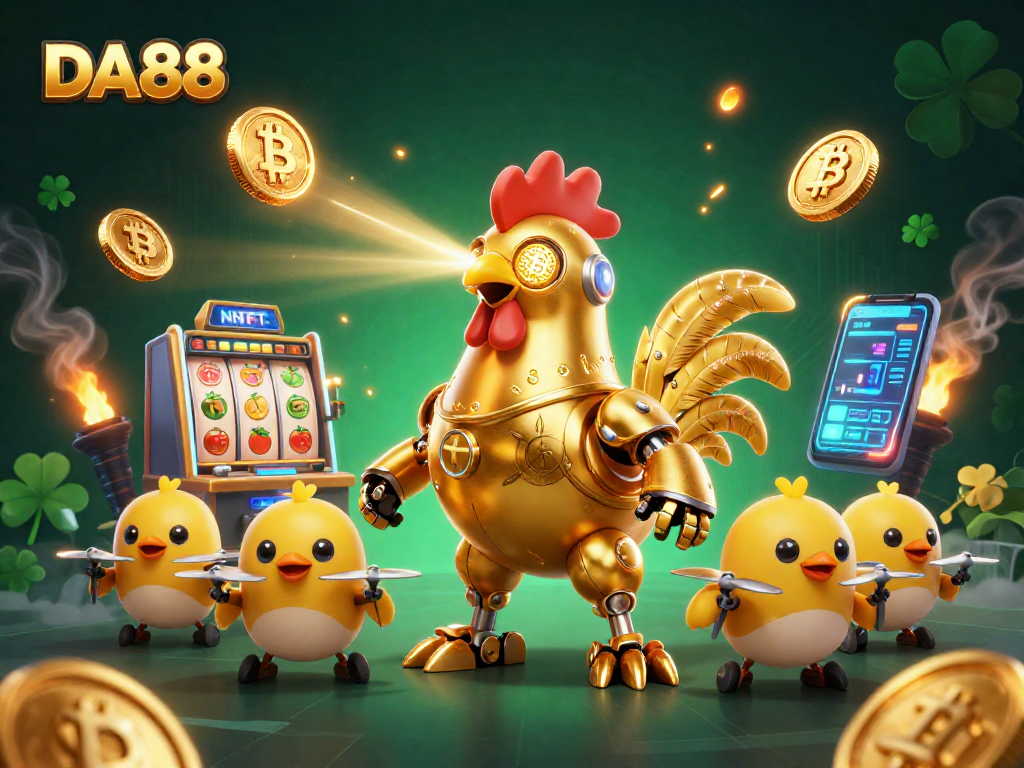 Feel the thrill at DA88 with an immersive 3D illustration capturing a golden rooster robot and vibrant casino elements.