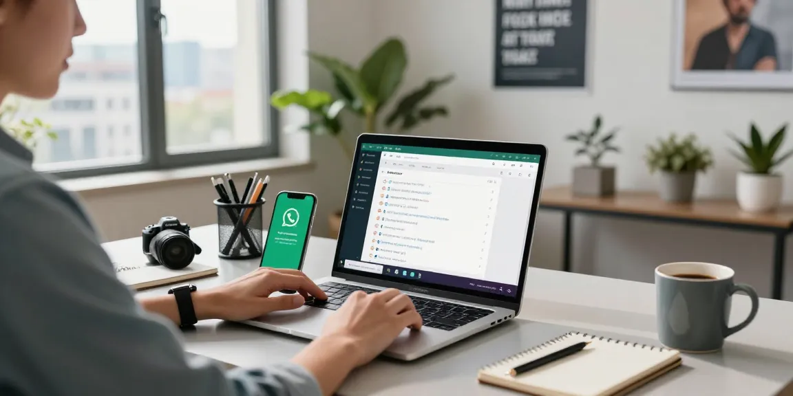 Person using WhatsApp網頁版 on laptop in a modern home office with a city view.