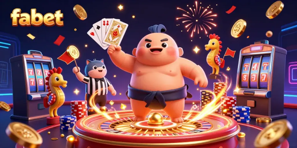 Experience the excitement of fabet with a dynamic 3D casino scene filled with vibrant characters and gaming elements.