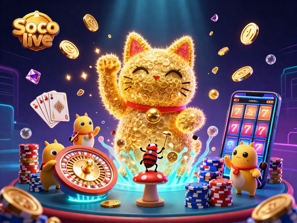 Engage with Soco live at this vibrant casino scene featuring sparkling gems and a lucky cat.
