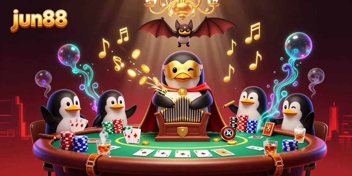 Experience the excitement of jun88 with an animated casino scene featuring a penguin playing for golden coins.