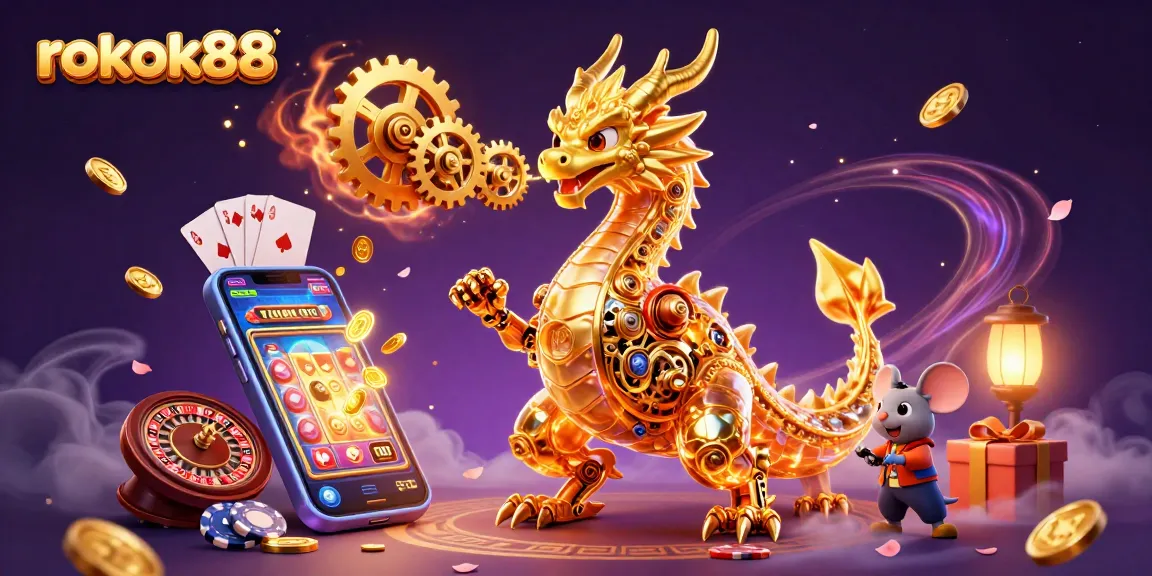 Experience the excitement of rokok88 with immersive slots and casino elements in a fantastical scene.