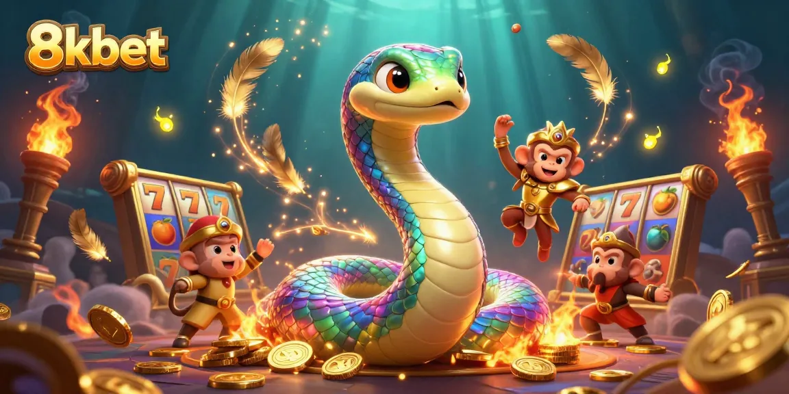 Experience the thrill of 8kbet with colorful slot reels and vibrant characters in dynamic action.