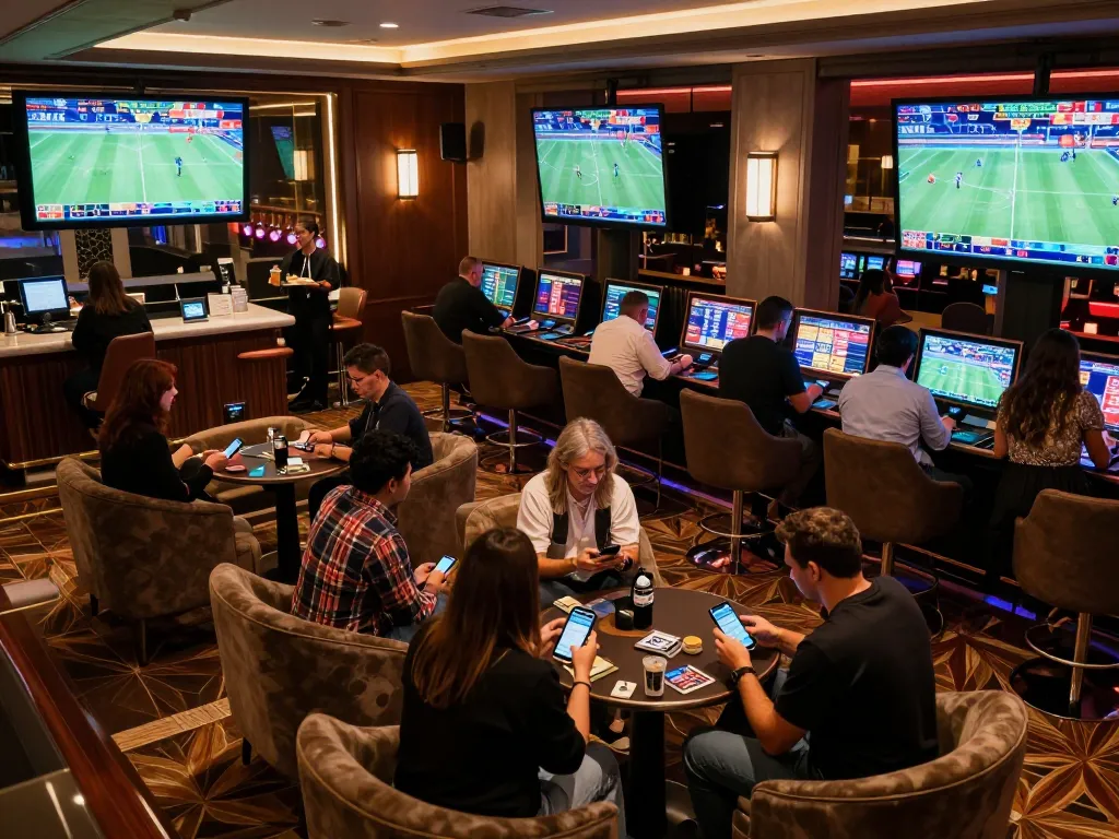 Engaged patrons analyzing sports odds at qq88 online betting lounge with vibrant atmosphere