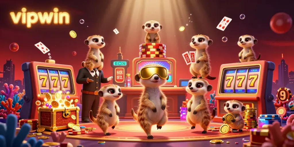 Engage in the thrilling world of vipwin with meerkats orchestrating a lively casino adorned with rich game elements and vibrant colors.
