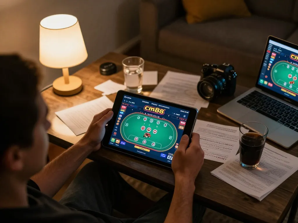 Engaging gaming session using cm88 app on tablet at home, showcasing poker gameplay and strategic notes.