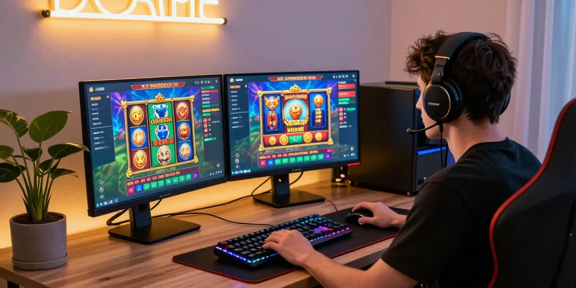 Fesselnde Paysafe Card Casino-Szene mit einem Spieler an einem Dual-Monitor-Setup, das lebendige Spielautomaten und Gaming-Zubehör in einem modernen Gaming-Raum zeigt.