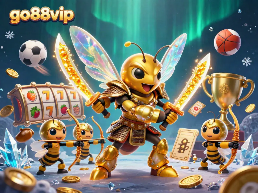Engaging go88vip 3D scene highlighting a golden hornet samurai, slots, and vibrant casino elements.
