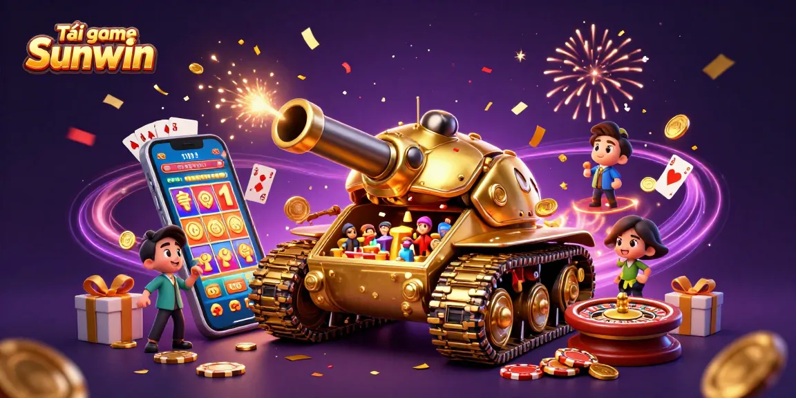 Tải game Sunwin to enjoy a vibrant casino experience with golden beetle tank and celebratory elements.