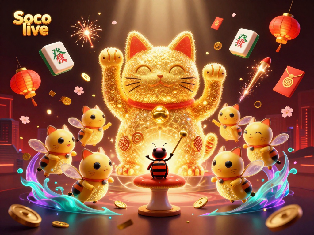 Soco live showcases an enchanting 3D scene with a golden lucky cat made of fireflies and vibrant casino elements.