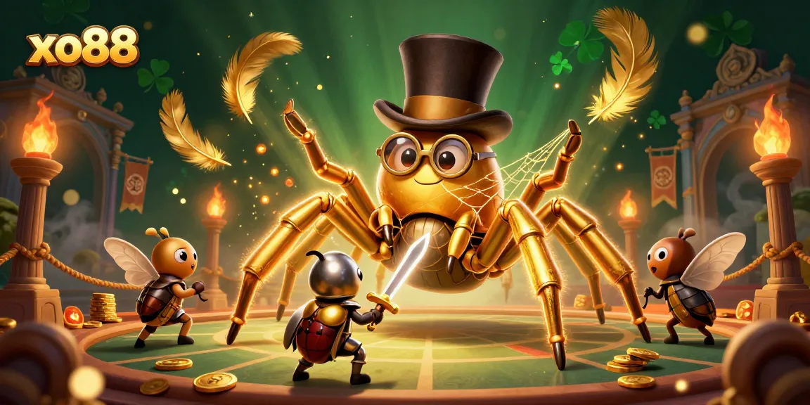 Experience xo88 in a vibrant 3D casino-themed showdown with a golden tarantula and beetle knight.