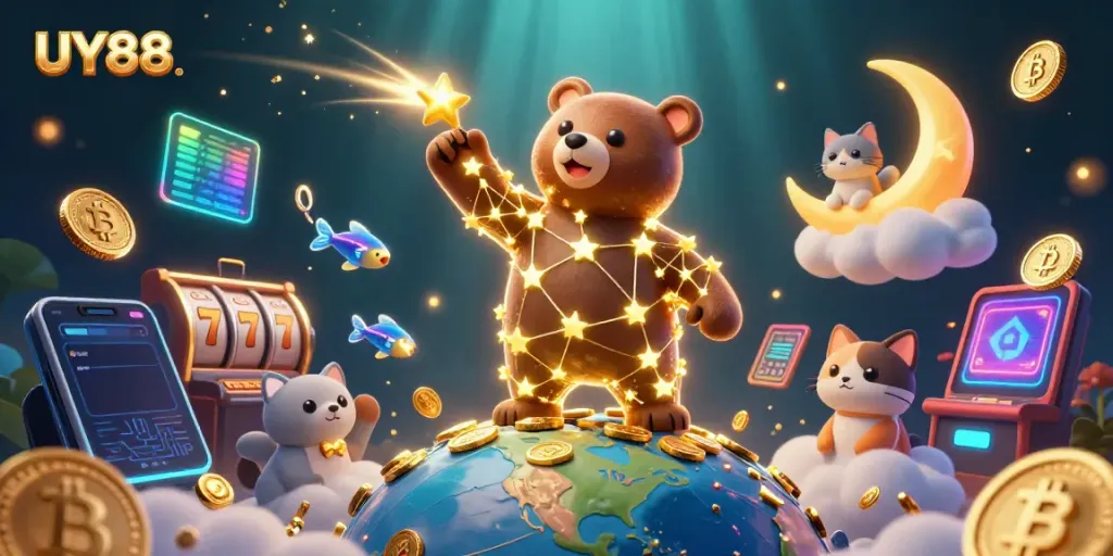 Experience UY88's gaming magic with a dazzling 3D constellation bear and vibrant casino elements