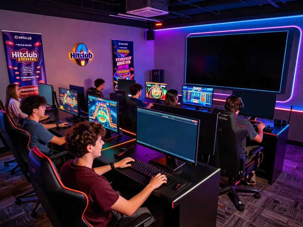 Hitclub gaming players enjoying diverse casino games in a vibrant lounge atmosphere